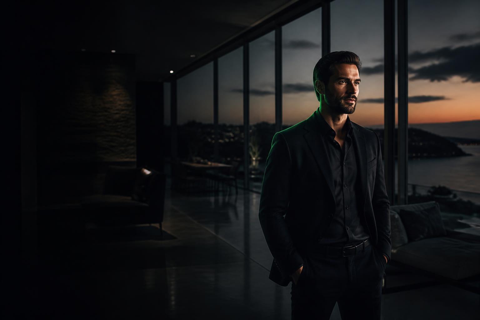 Real estate agent in a luxury listing at dusk