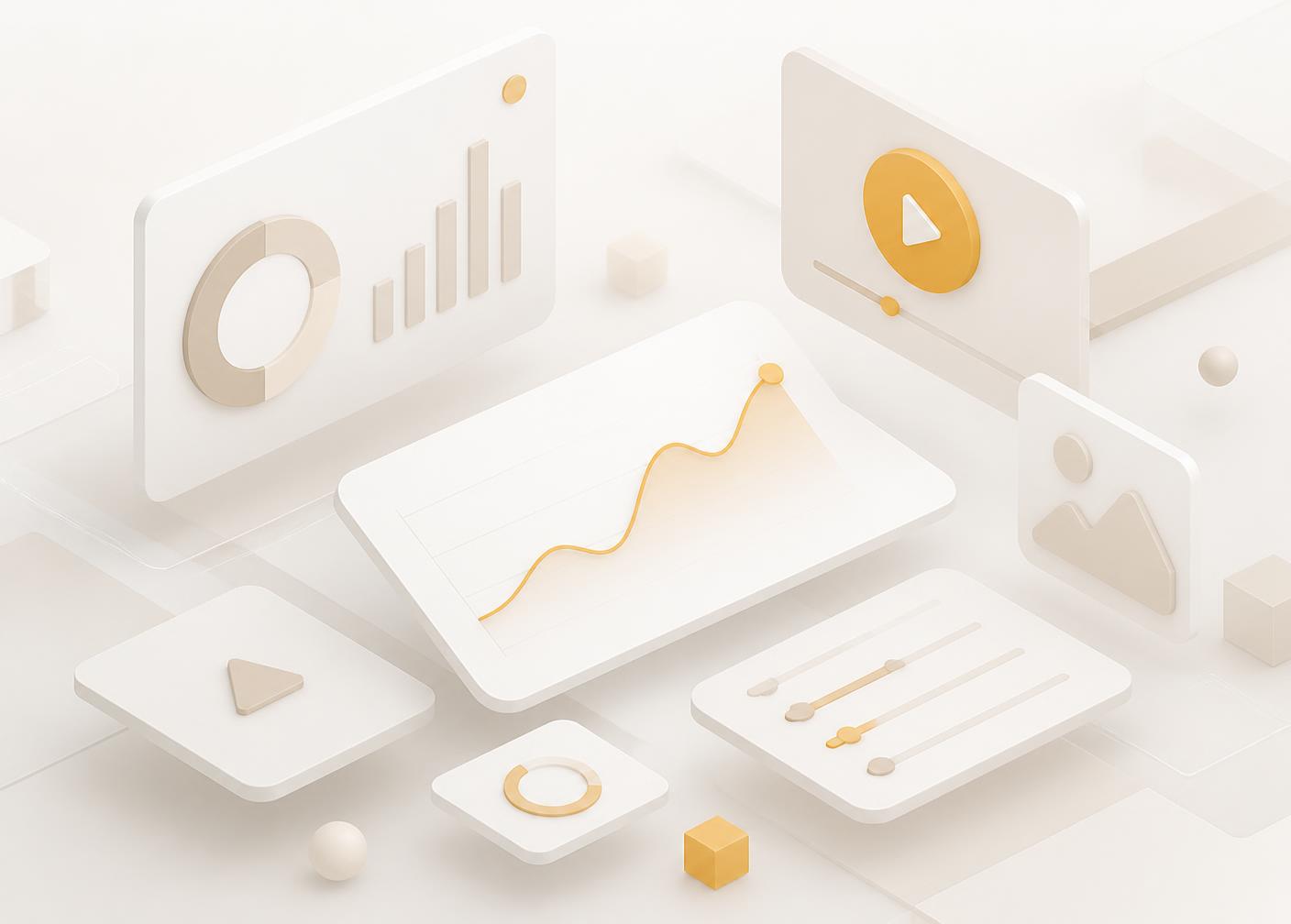 Abstract illustration of analytics panels and media controls